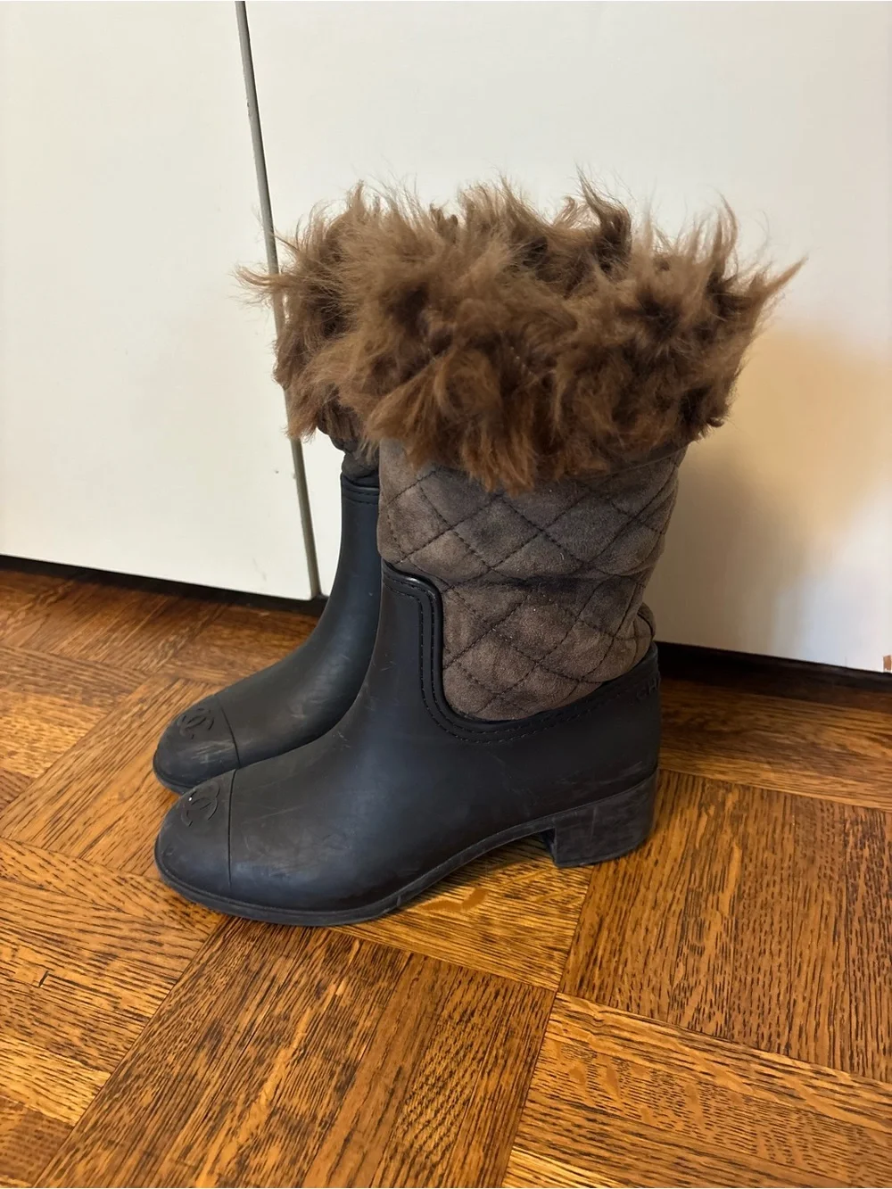 CHANEL Black Rubber and Brown Faux Fur Winter Rain Boots